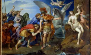 Persée, sur Pégase, s'apprête à sauver Andromède enchaînée. Un ange guide le cheval ailé.