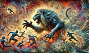 Le lion de Némée, une créature mythique aux griffes acérées, affronte des silhouettes humaines dans un tourbillon psychédélique de couleurs vives.