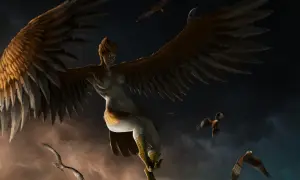 Une harpie, créature de la mythologie, plane dans le ciel nocturne, ses ailes immenses déployées. D'autres oiseaux l'accompagnent dans cette scène onirique.