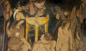 Scène antique : Antigone, Œdipe et d'autres figures mythologiques autour d'un autel doré.