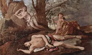 Narcisse, objet de l'amour d'Écho, repose endormi. Un putto, peut-être Cupidon, veille sur lui, rappelant la tragédie de l'écho mythologie.