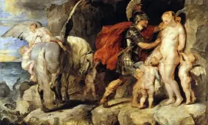 Persée mythologie, armé et casqué, s'approche d'Andromède, entourée de putti. Pégase, le cheval ailé, est prêt à s'envoler.