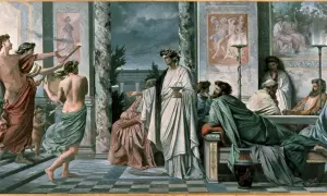 Scène antique avec des hommes en toges, des torches et des couronnes. On y voit des enfants, dont un porte une couronne de fleurs, rappelant qui est Narcisse.