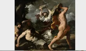 Deucalion et Pyrrha, survivants du déluge, jettent des pierres pour repeupler la Terre. Des figures humaines émergent des rochers.