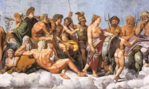 La scène dépeint les dieux grecs, une assemblée divine sur des nuages. Mercure, Apollon, Jupiter et d'autres figures mythologiques sont représentés.