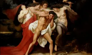 Le mythe d'Oreste : le héros tourmenté par les Furies, qui le poursuivent et le jugent pour le meurtre de sa mère.