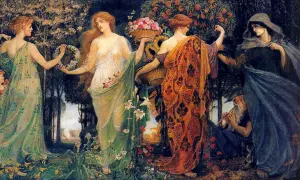 Cinq femmes dans un jardin luxuriant, dont une tenant une couronne de fleurs. On peut se demander qui est Déméter, déesse de l'agriculture, parmi ces figures allégoriques.