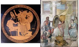 Sur une amphore, Héphaïstos forge une armure pour Aphrodite. Une fresque montre aussi le dieu forgeron et des figures féminines.