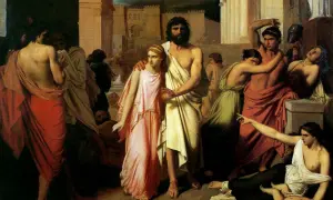 La tragédie des fils d'Œdipe et Jocaste : Antigone guide un Œdipe aveugle, tandis que ses frères s'affrontent dans un bain de sang.