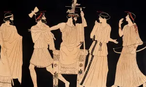 Zeus, aidé par Héphaïstos, libère Athéna de sa tête. On voit aussi Pallas et d'autres figures, mais qui sont les parents d'Athéna ? Zeus et Métis.