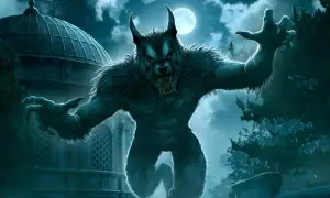 Un lycanthrope terrifiant, inspiré de la lycaon mythologie, hurle sous la pleine lune près d'un dôme ancien. Ses griffes sont tendues, prêt à bondir.