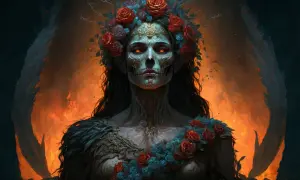 Une figure féminine aux yeux rouges ardents, couronnée de roses, évoque la mystérieuse Perséphone, reine des enfers.