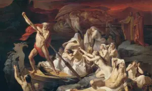Charon, le passeur des âmes, manœuvre sa barque sur le Styx. Des âmes désespérées tentent de monter à bord, tandis que d'autres attendent sur la rive.