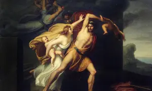 Saturn, le titan, dévore ses enfants. Une femme, peut-être une ino nourrice, tente de sauver un bébé.