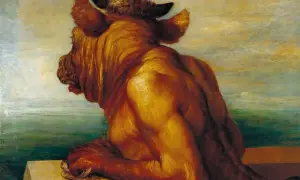 Le minotaure, créature de la mythologie grecque, est représenté de dos, la tête tournée vers la gauche, contemplant un paysage marin.