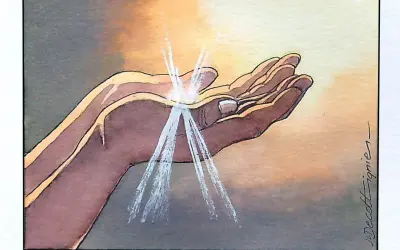 Mains ouvertes recevant la lumière divine, comme un don du dieu de la lumière.