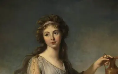 Portrait d'une jeune femme aux cheveux bouclés, tenant une cruche dorée. Elle pourrait être une fille de Zeus et Héra, déesse de la jeunesse et de la beauté.