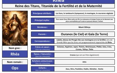 Rhéa, mère de Zeus, reine des Titans, représentée avec des lions et un tambourin, symbolisant la fertilité et la maternité.