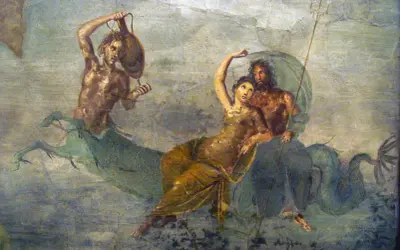Une femme, peut-être une nymphe, est portée par un homme mi-homme mi-poisson, évoquant Poséidon. Un autre personnage marin est à gauche.