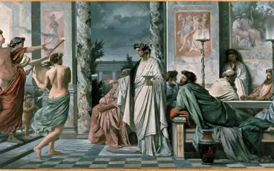 Scène antique avec des hommes en toges, des torches et des couronnes. On y voit des enfants, dont un porte une couronne de fleurs, rappelant qui est Narcisse.