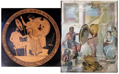 Sur une amphore, Héphaïstos forge une armure pour Aphrodite. Une fresque montre aussi le dieu forgeron et des figures féminines.