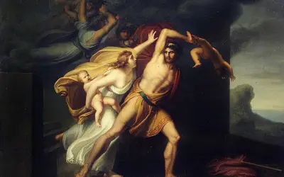 Saturn, le titan, dévore ses enfants. Une femme, peut-être une ino nourrice, tente de sauver un bébé.