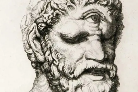 Portrait gravé d'un cyclope barbu, avec un seul œil au milieu du front. Une créature mythologique terrifiante.