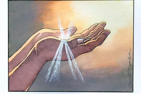 Mains ouvertes recevant la lumière divine, comme un don du dieu de la lumière.