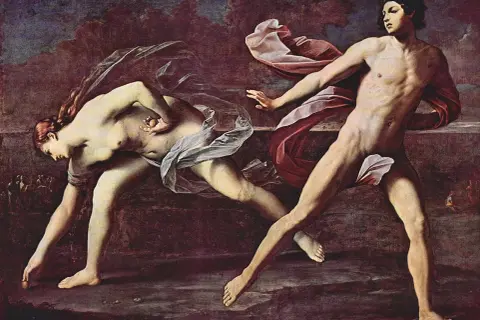 Course de Hippomène et Atalante, scène de la mythologie grecque. Atalante, la chasseresse, court, laissant tomber des pommes d'or.