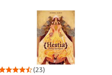 Hestia, déesse des foyers, représentée dans une illustration chaleureuse et protectrice, entourée de flammes et de bougies.