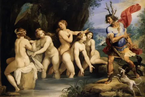Diane et Actéon : le chasseur aux bois de cerf surprend la déesse et ses nymphes au bain. Les nymphes tentent de se cacher.