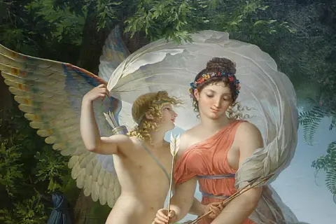 Dans la mythologie, Aphrodite, déesse de l'amour, est représentée ici avec Cupidon.