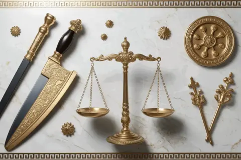 Balance de justice dorée, épée ornée et symboles antiques. La **némésis définition** se reflète dans ces objets, évoquant la justice divine et la rétribution.