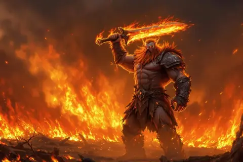Un guerrier imposant, le dieu du feu, brandit une épée enflammée au milieu d'un paysage dévasté par les flammes.