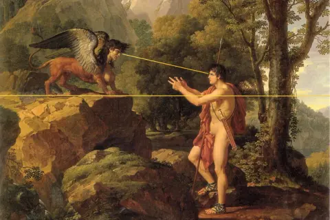 Un homme nu fait face à un sphinx ailé, créature de la mythologie grecque, dans un paysage rocheux et boisé.
