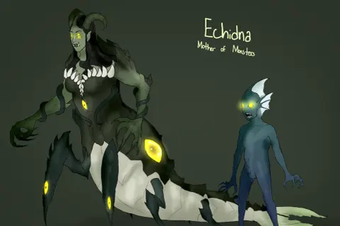 Échidna, mère des monstres de la mythologie grecque, avec son corps de serpent et ses multiples yeux brillants, aux côtés d'une créature aquatique.