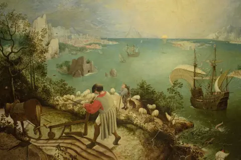 Paysage marin avec un laboureur, des moutons et un navire. Un dédale mythologie s'ouvre sur la mer.