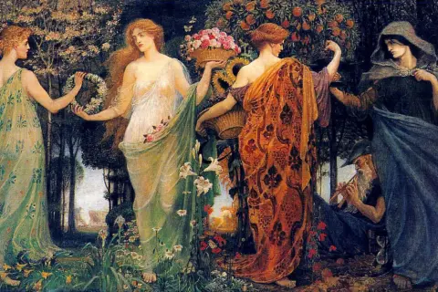 Quatre femmes, peut-être des filles de Zeus, dans un jardin luxuriant. L'une tient une couronne, une autre un panier de fleurs. Un vieil homme joue de la flûte.
