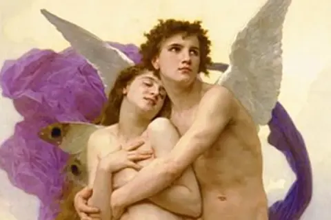 Psyché et Amour, une interprétation du mythe. La jeune femme s'appuie sur son amant, ailes déployées, dans une scène tendre.