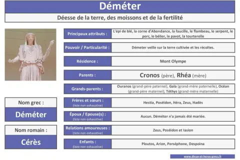 Déméter, déesse de la terre, a pour parents Cronos et Rhéa. Elle veille sur les récoltes.