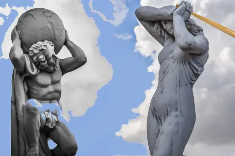 Atlas portant le monde, une statue grecque, se tient fièrement sous un ciel bleu et nuageux. À ses côtés, une autre statue, peut-être une déesse, lève un objet jaune au-dessus de sa tête.