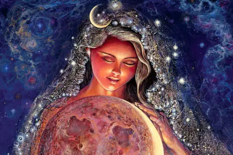 Une femme aux yeux clos, coiffée d'un croissant de **selene lune**, enlace une sphère lumineuse. Son voile scintille d'étoiles sur fond cosmique.