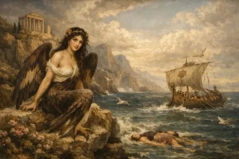 Une sirène mythologie, aux ailes d'aigle et au corps écailleux, observe un navire antique. Un homme flotte, inconscient, dans les vagues déchaînées.