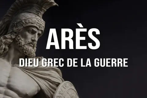Statue d'Arès, dieu grec de la guerre, portant un casque et un bouclier.