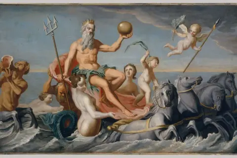 Neptune, le dieu de la mer, trône sur un char tiré par quatre chevaux marins. Un triton souffle dans un cor, tandis que des putti célèbrent sa puissance.
