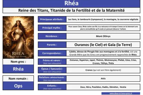 Rhéa, mère de Zeus, reine des Titans, représentée avec des lions et un tambourin, symbolisant la fertilité et la maternité.