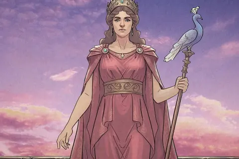 La déesse Héra, couronnée et vêtue de rose, tient un sceptre surmonté d'un paon. Sa signification est celle de la royauté et de la protection du mariage.