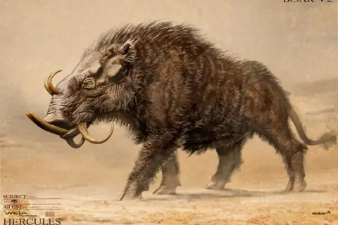 Le sanglier d'Érymanthe, une créature mythologique aux défenses impressionnantes, avance dans un paysage désertique.