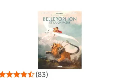 Bellérophon, sur Pégase, affronte la Chimère, monstre à tête de lion, de chèvre et de serpent. L'illustration dépeint ce combat mythologique.