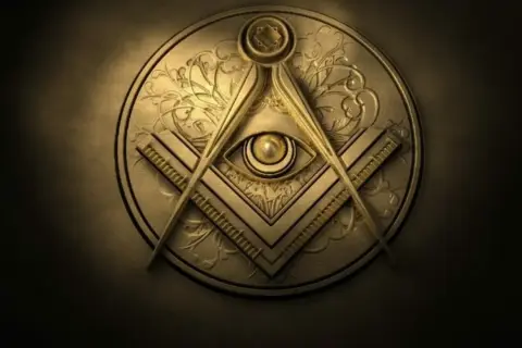 Symbole maçonnique doré en relief, avec une équerre, un compas et un œil, évoquant les mystères des grées.